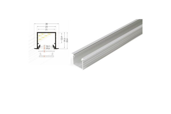 2 Meter LED Profil Einbau Tief natureloxiert silber ohne Abdeckung 21mm Serie L